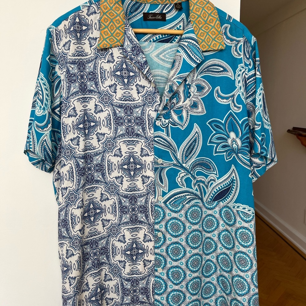 Tasso Elba Blue Casual Button Down Shirt with Vibrant Patterns